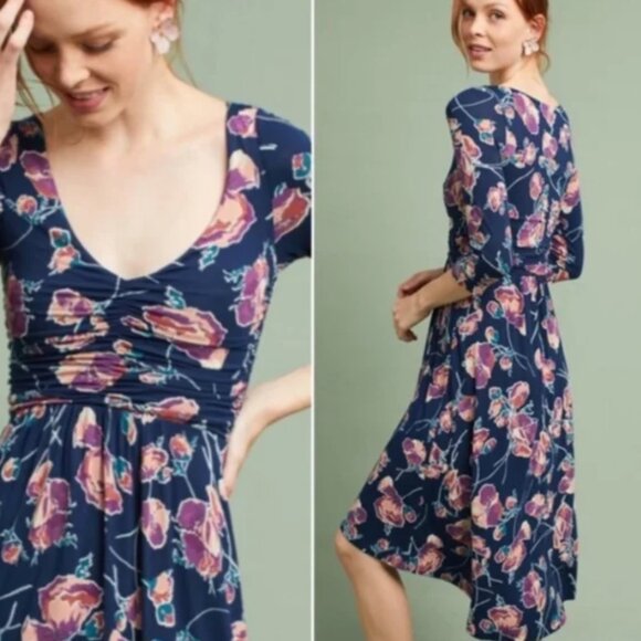 Women Anthropologie Maeve Heppel Ruched Midi Dress in Dark Blue Size Medium - Picture 1 of 10